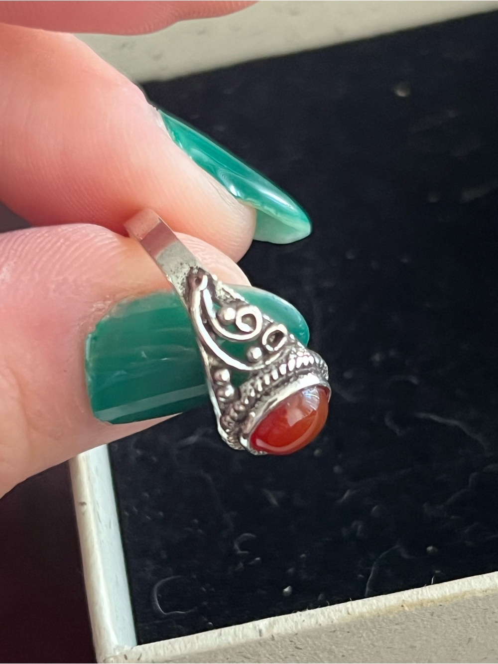 925 Sterling Silver Carnelian Cabochon Ring Size 5.5 Ornate Scroll Vintage Style